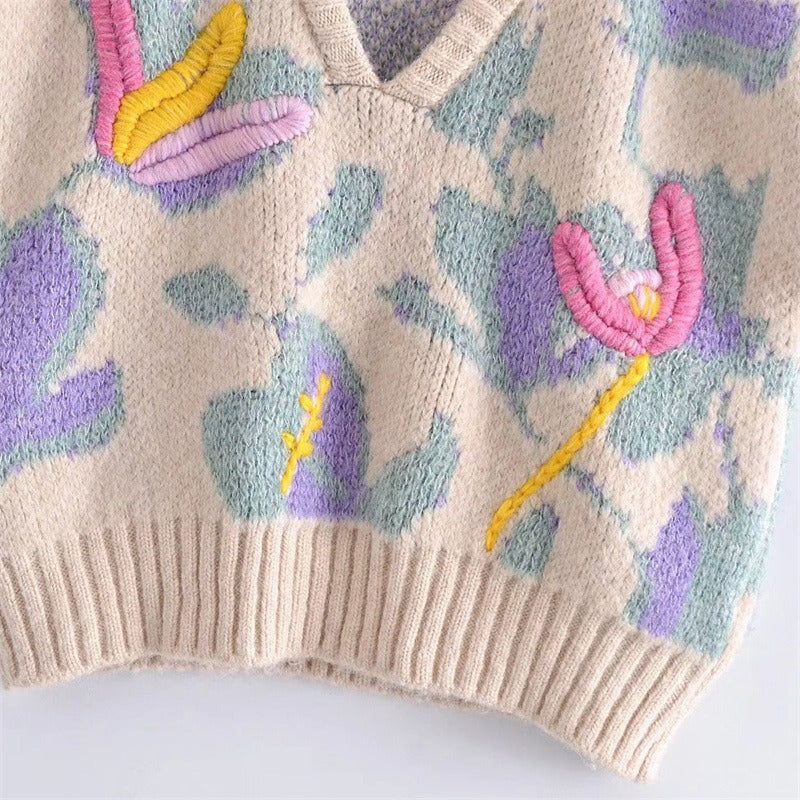 Casual Embroidered V-Neck Knitted Vest