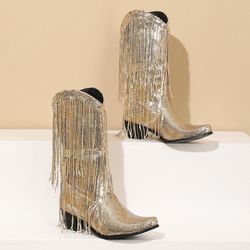 Curved Toe Sequin Tassel Mid-Calf Cowboy Boots