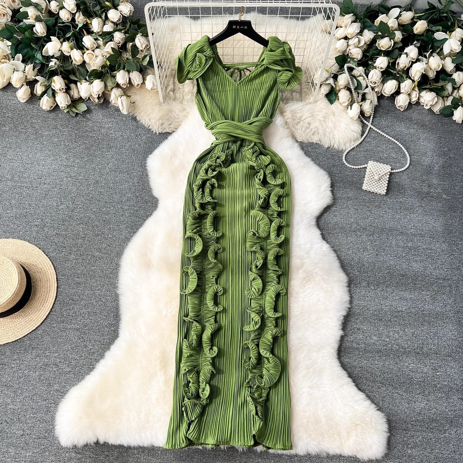 Pleated Ruffle Edge Slim Fit Dress
