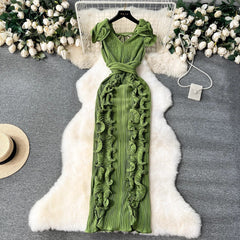 Pleated Ruffle Edge Slim Fit Dress