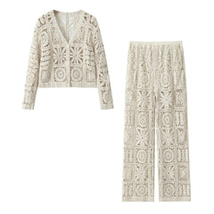 Hollow Crochet Long Sleeve Knitted Cardigan + Crochet Pants