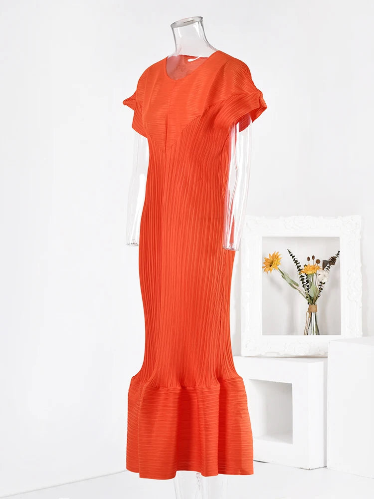 Pleated Short Sleeves Ruffle Dress