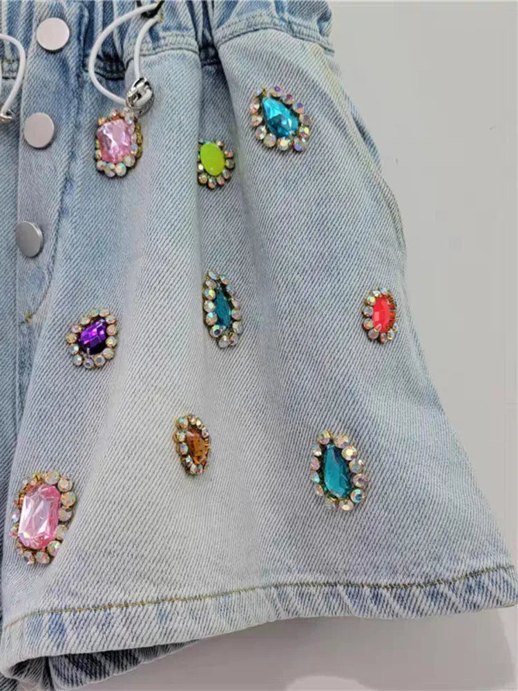 Gemstone High Waist Denim Short Pants