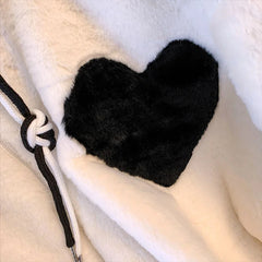 Contrast Heart Drawstring Woolen Jacket