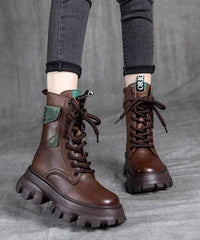 Fashion Splicing Platform Boots Black Cowhide Leather Lace Up