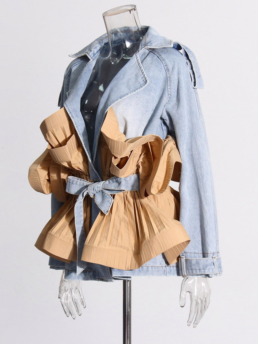 Color Block Spliced Belt Ruffled Edge Denim Jacket