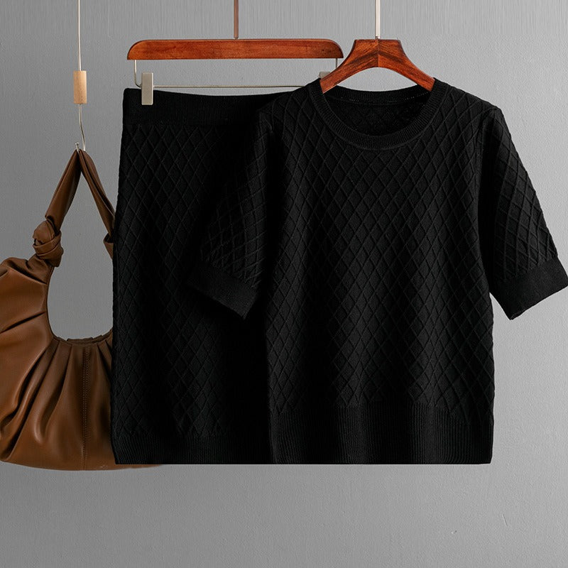 Solid Round Neck Knitted Top + Knitted Skirt Set