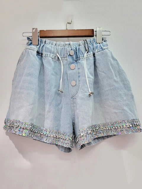 Handmade Diamond Bead Panel Denim Wide Leg Shorts