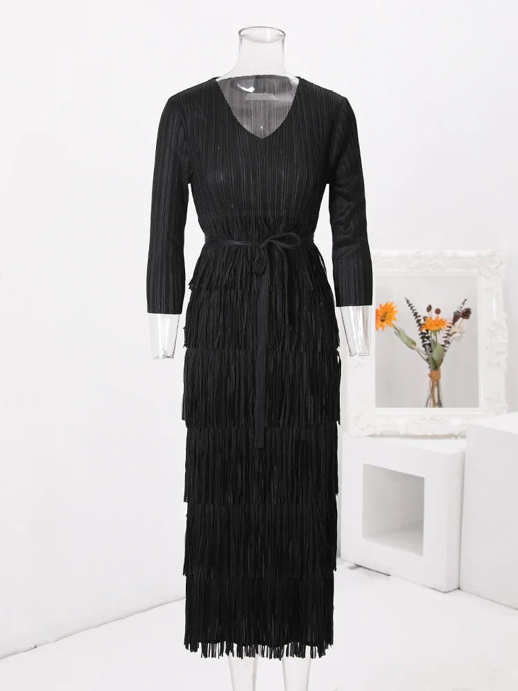 Solid Pleated Fringe Dress