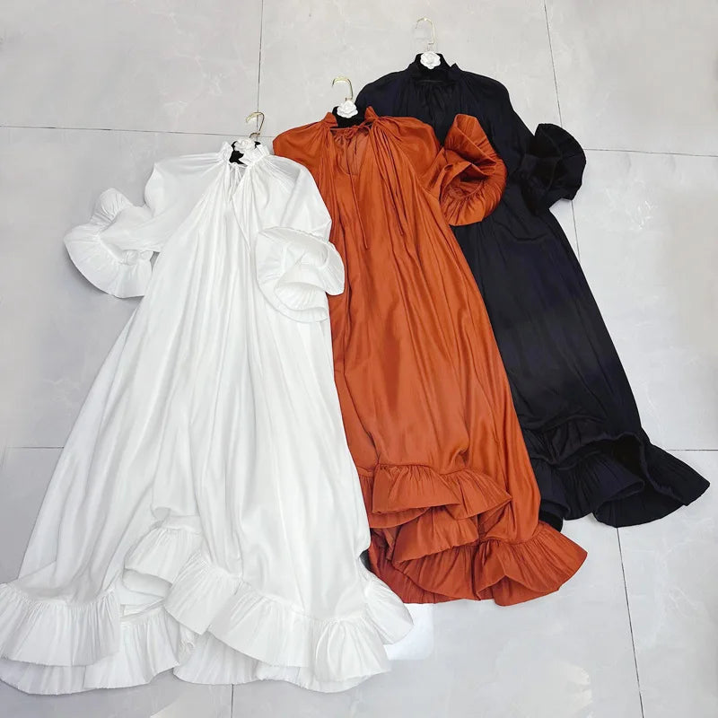 V-Neck Lace Up Big Hem Loose Maxi Dress