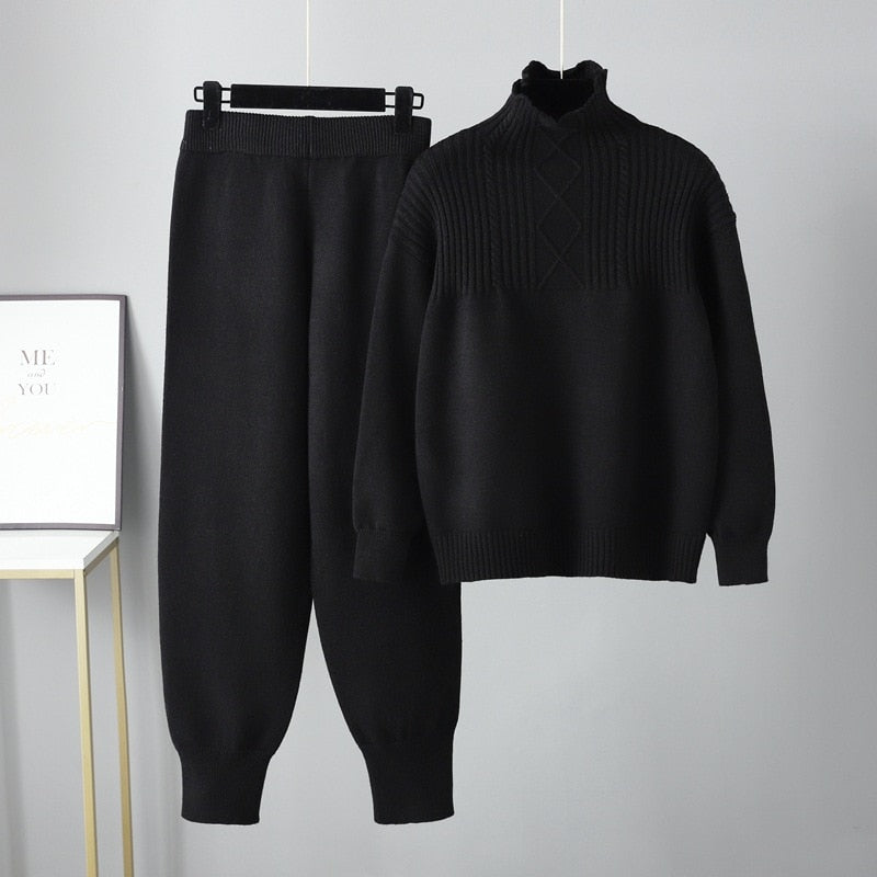 Solid Long Sleeve Knit Sweater + Loose Pants Set