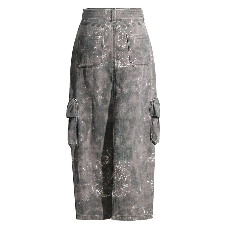 Camouflage Tie Waist Pocket Hip Hugging Denim Skirt