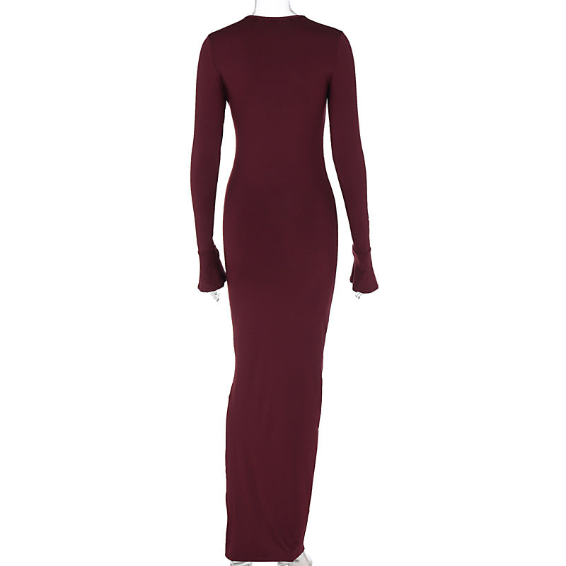 Solid Pleated Slim Bell Sleeve Maxi Dress