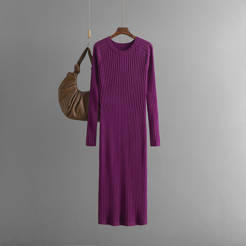 Solid Pleated Round Neck Woolen Knitted Dress