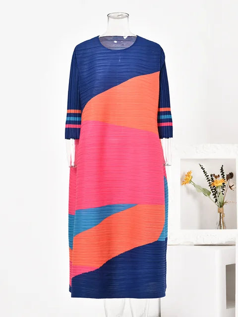 O-Neck Colorblock Printed Pleated Dress