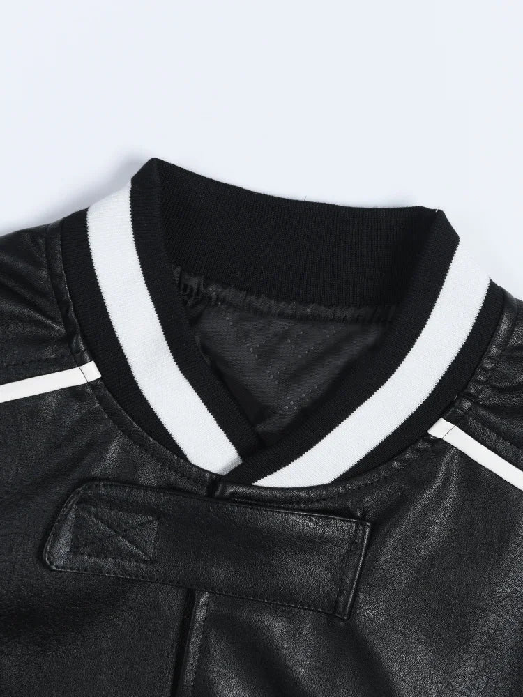 Casual Colorblock Vegan Leather Varsity Jacket