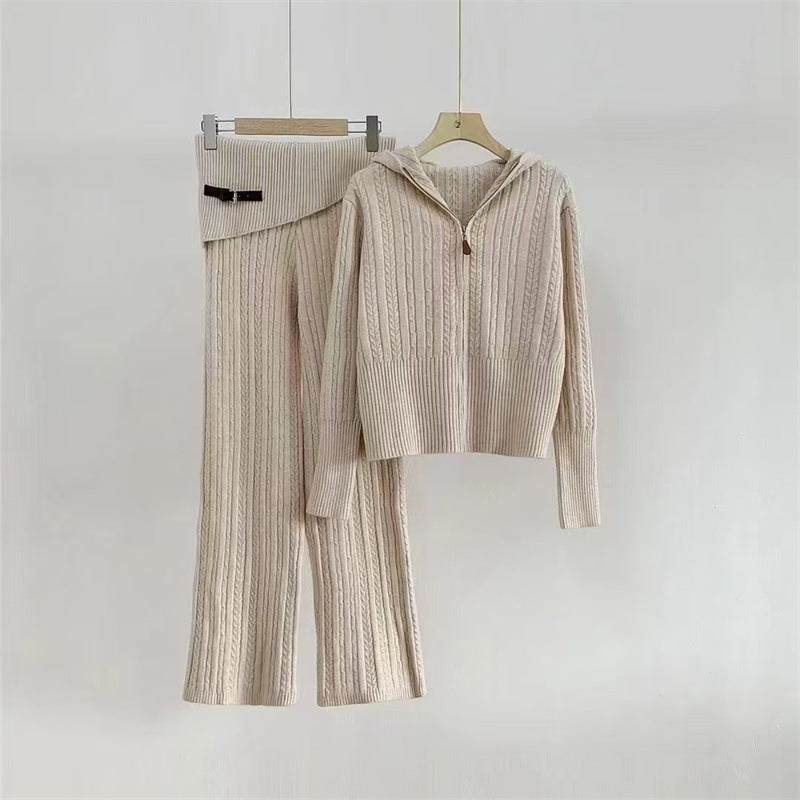Hooded Knit Zip Up Cardigan + Knit Pants Set