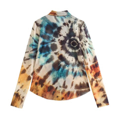 Tie-Dye Printed V-Neck Long Sleeve Shirt Top