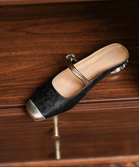 Chinese Style Champagne Cowhide Leather Embossed Slide Sandals