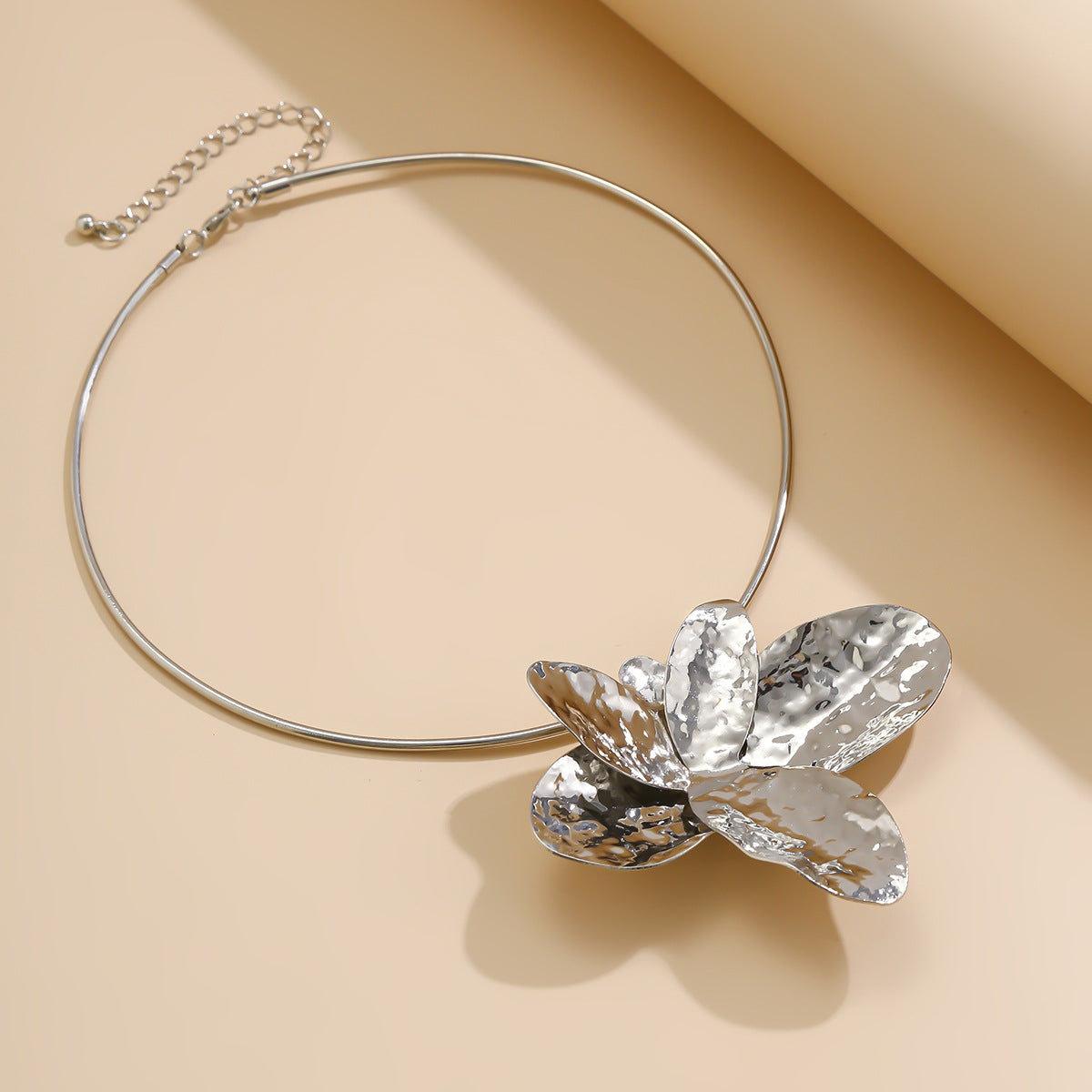 Irregular Metallic Petal Collarbone Necklace + Petal Earrings
