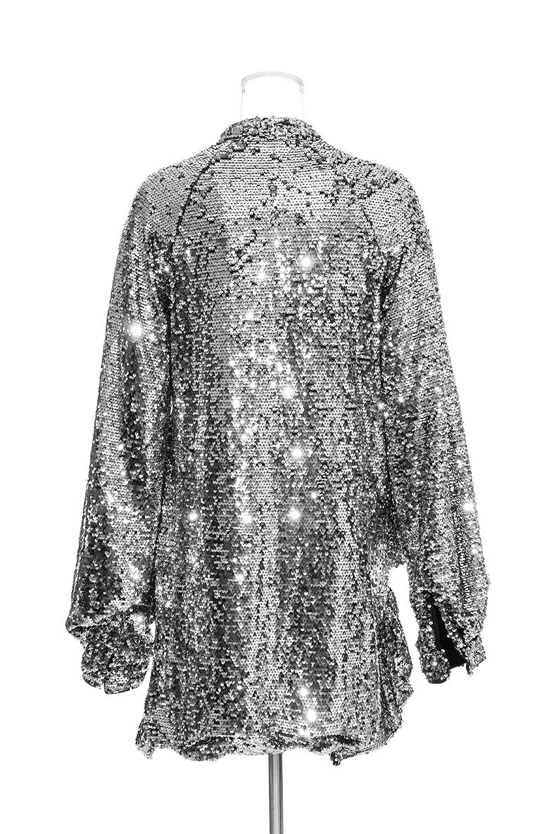 Shiny Sequined Ruffle Edge Long Sleeve Blouse