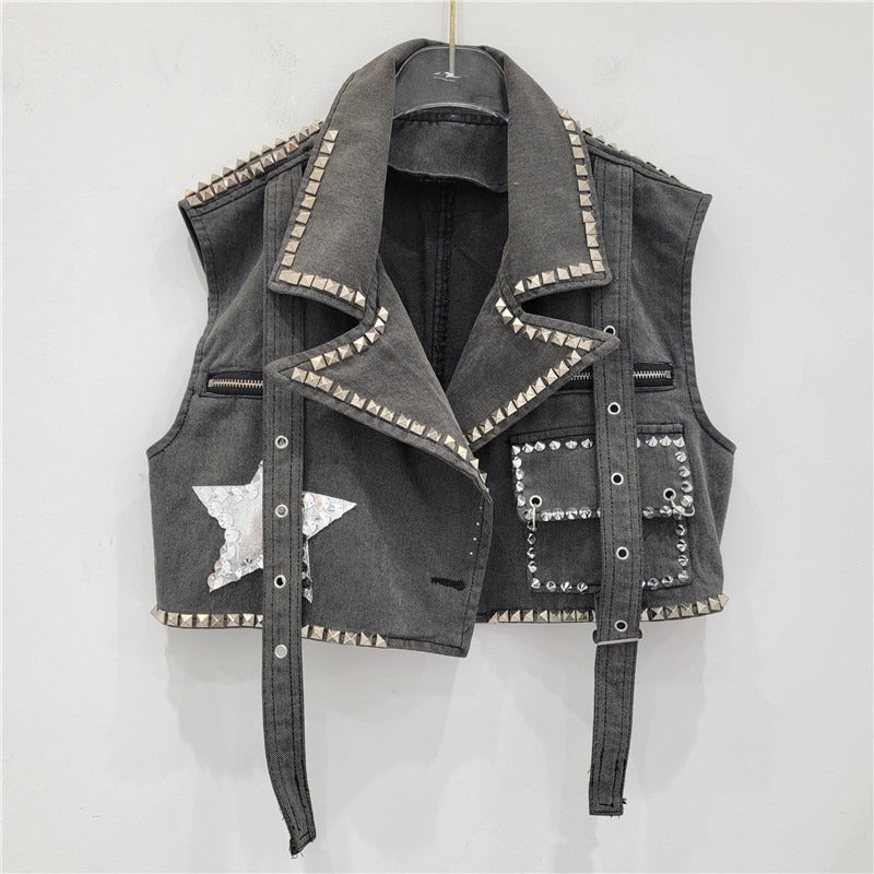 Rivet Studded Five Pointed Star Denim Vest