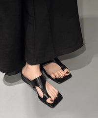 Chic Black Faux Leather Splicing Chunky Thong Sandals