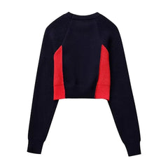 Round Neck Long Sleeved Color Block Knitted Sweater