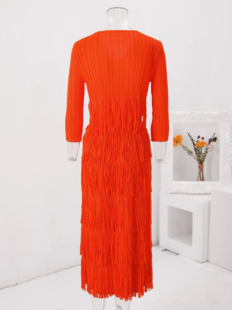 Solid Pleated Fringe Dress