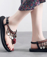 Bohemian Splicing Sequins Red Peep Toe Flat Sandals