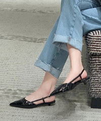 Fashion Kitten Sandals Black Cowhide Leather Hollow Out Pointed Toe