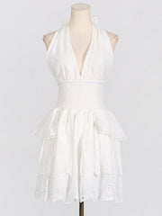 Solid V-Neck Color Splicing Halter Neck A-Line Dress