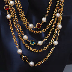 Retro Plain Gold Multi-Layer Crystal Glass Pearl Necklace