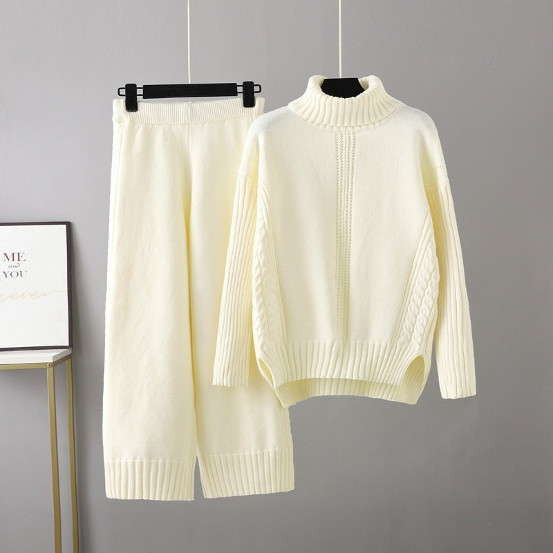 Casual Thick Turtleneck Knit Sweater + Wide Leg Knit Pants