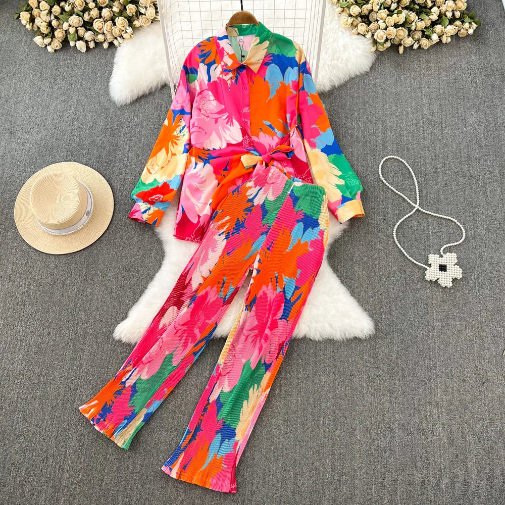 Multicolor Shirt+Pants Pleated Set