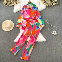 Multicolor Shirt+Pants Pleated Set