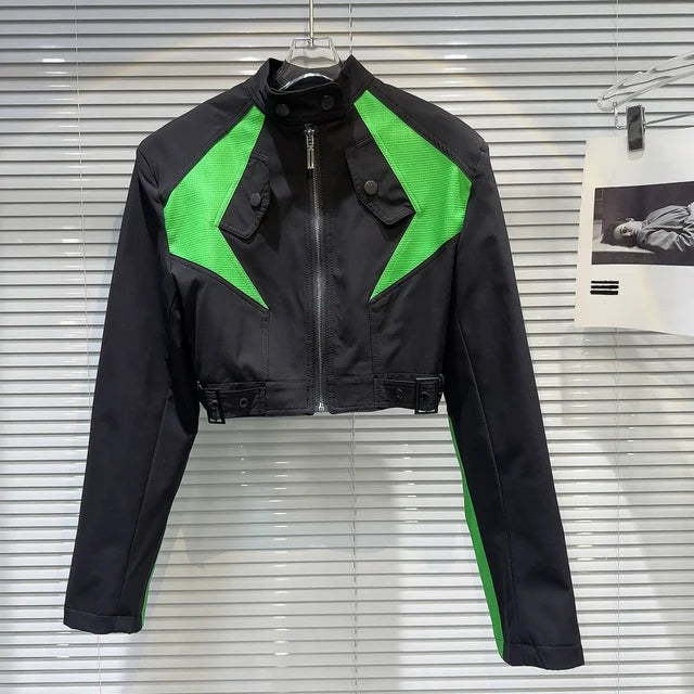 PU Leather Splicing Shoulder Pad Short Jacket