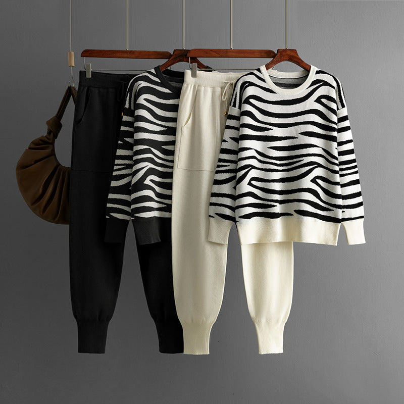 Animal Print Knitted Sweater + Pants Set