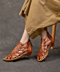 Brown Hollow Out Cowhide Leather Splicing Sandals