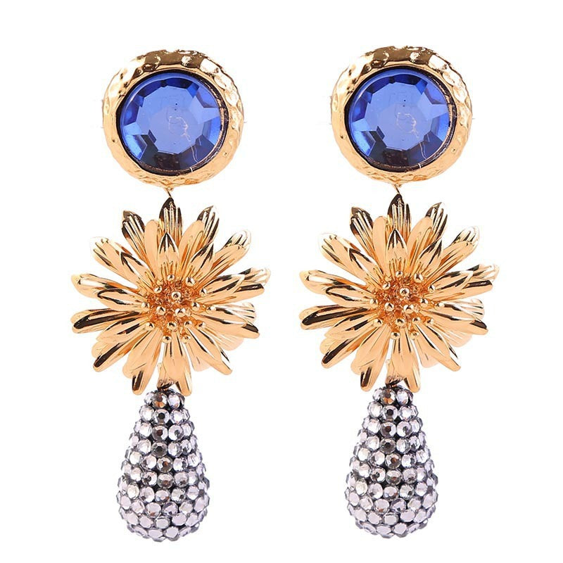 Alloy Flower Water Droplets Diamond Earrings