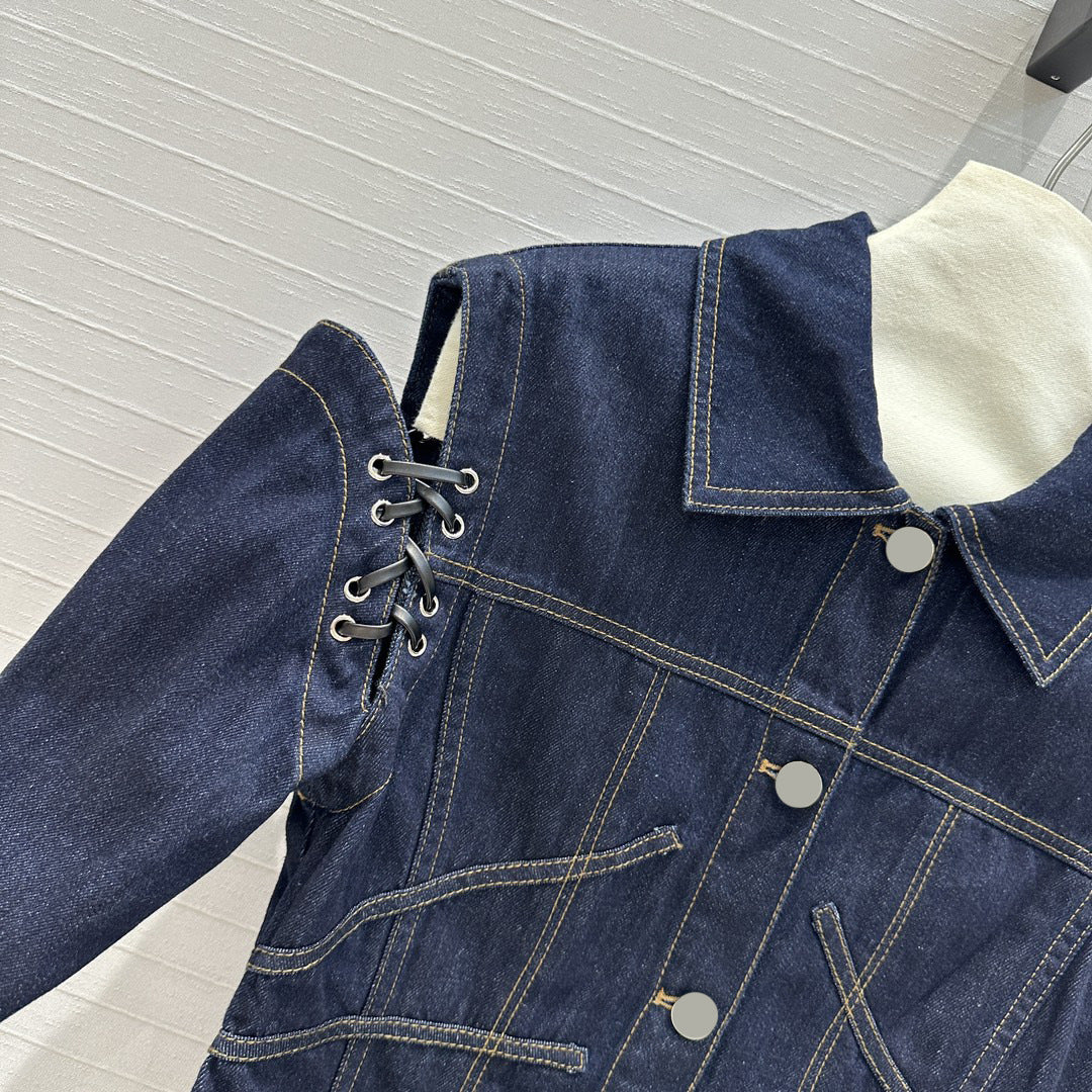 Casual Lace-Up High Waisted Denim Jacket