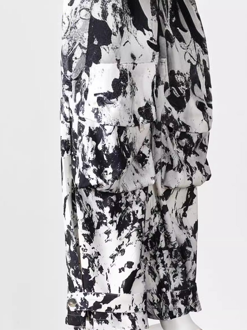 Multi Pockets Print Straight Loose Cargo Pants