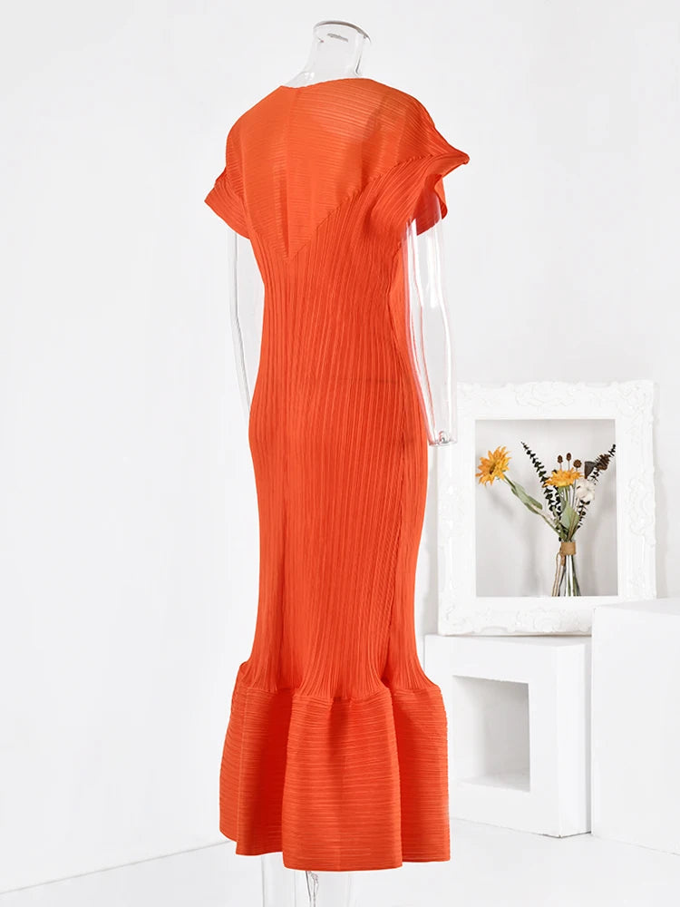 Pleated Short Sleeves Ruffle Dress