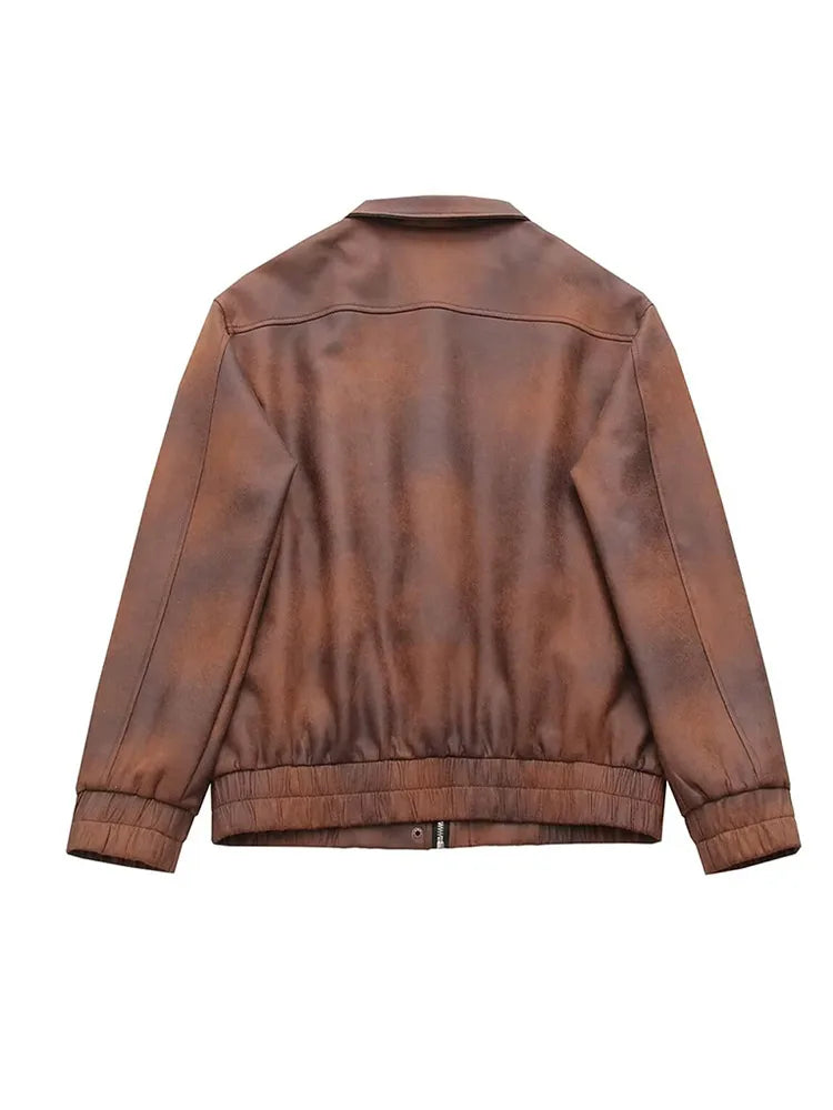 Brown Turn-Down Collar Faux Leather Jacket