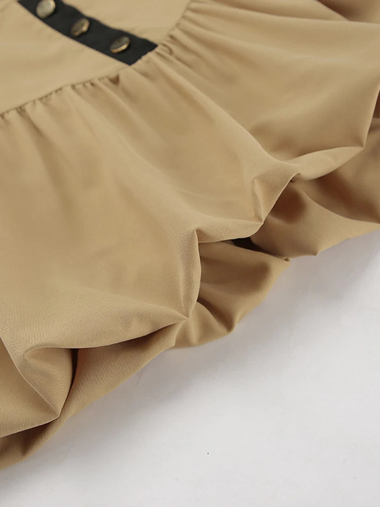 Khaki False Pockets Stand Collar Long Sleeve + Midi Skirt