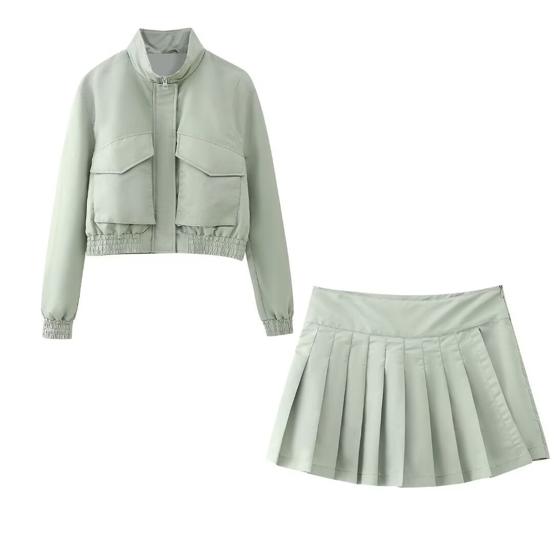 Solid Zipper Jacket + Skirt Set