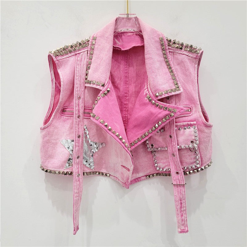 Rivet Studded Five Pointed Star Denim Vest