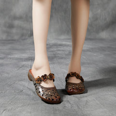 Women Vintage Floral Hollow Leather Slippers