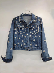 Pearl Diamond Embroidered Long Sleeved Denim Jacket
