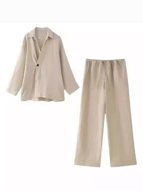 Long Sleeved Single Button Top + Straight Pants Set